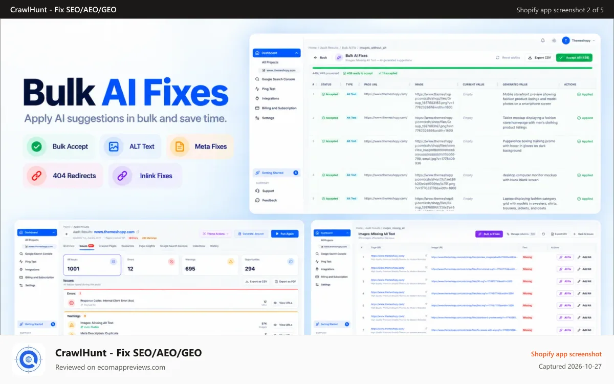 CrawlHunt ‑ Fix SEO/AEO/GEO Shopify app screenshot: CrawlHunt Bulk AI Fixing