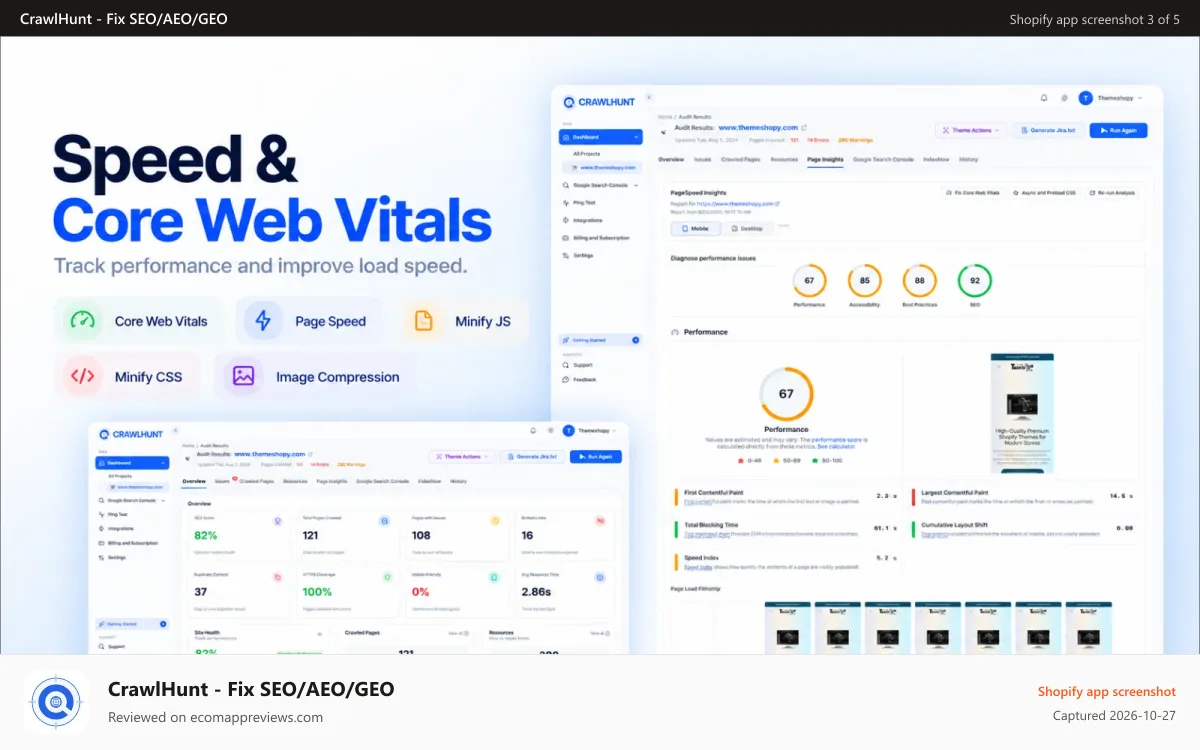 CrawlHunt ‑ Fix SEO/AEO/GEO Shopify app screenshot: CrawlHunt Speed and Core Web Vitals