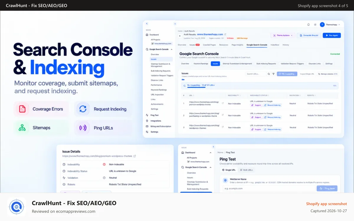 CrawlHunt ‑ Fix SEO/AEO/GEO Shopify app screenshot: CrawlHunt Google Search Console & Indexing
