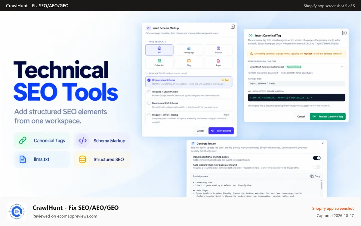 CrawlHunt ‑ Fix SEO/AEO/GEO Shopify app screenshot: CrawlHunt Technical SEO Tools