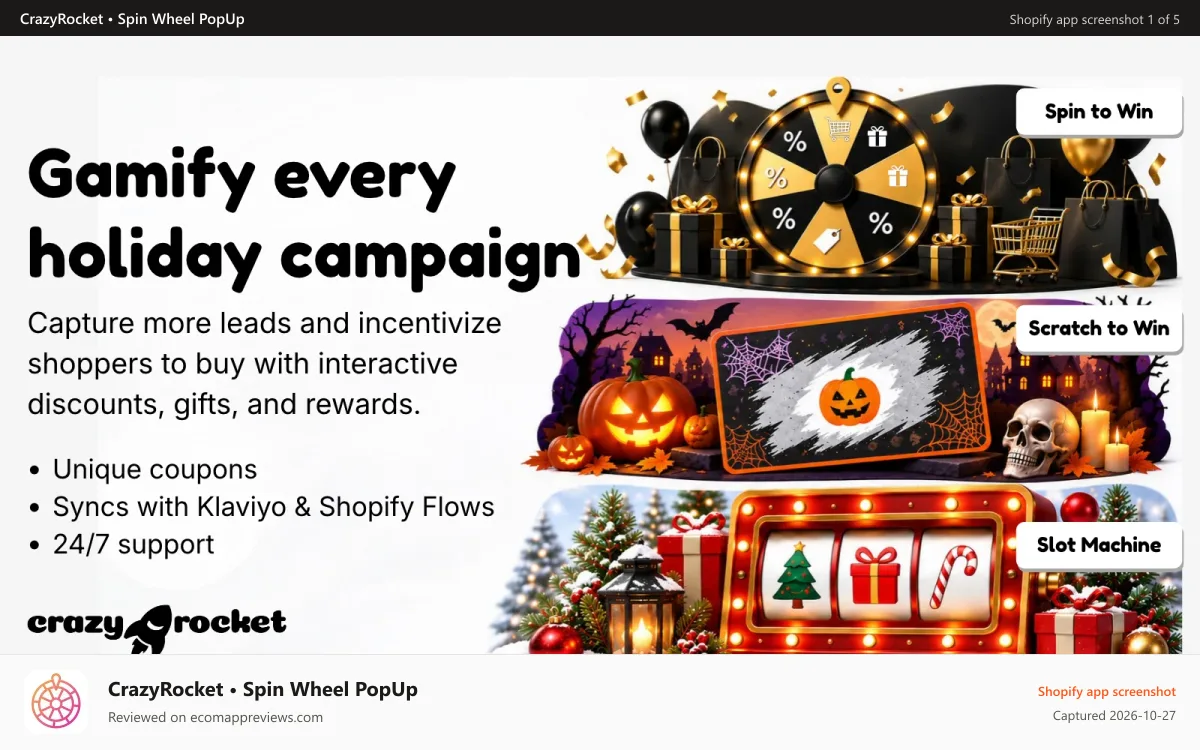 CrazyRocket • Spin Wheel PopUp Shopify app screenshot: gamify store with spin discounts, scratch to win campaigns