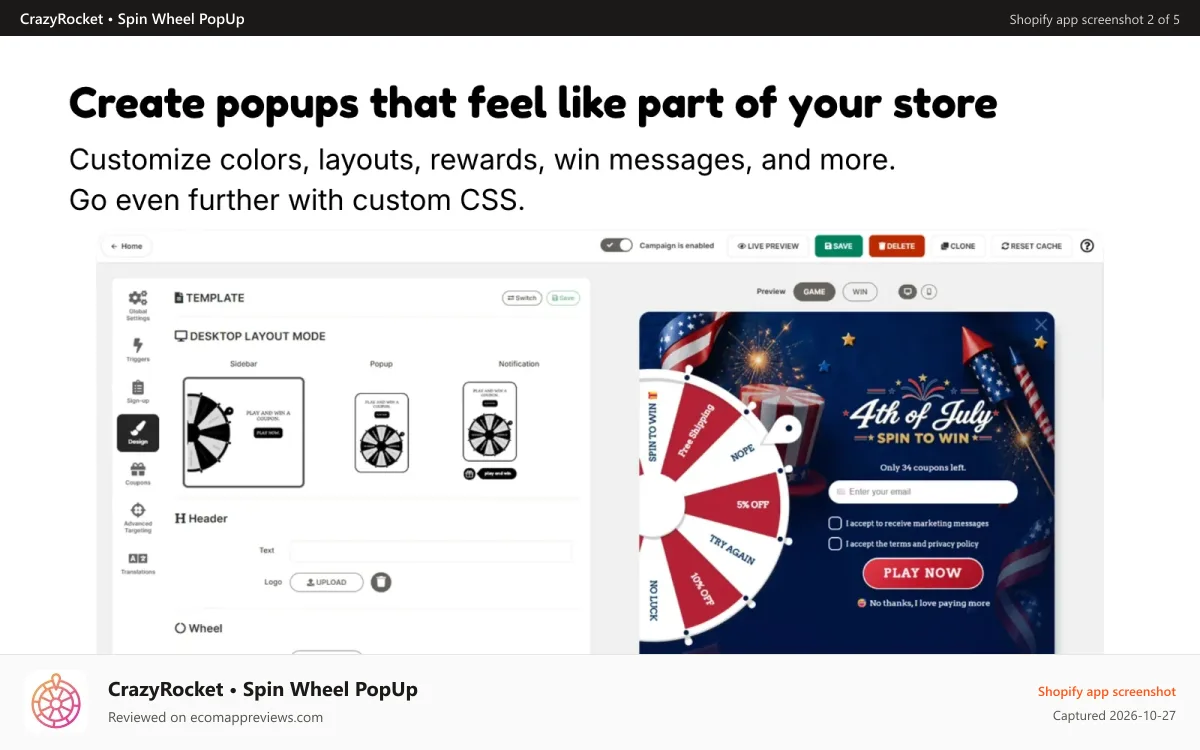 CrazyRocket • Spin Wheel PopUp Shopify app screenshot: launch spin to wheel, scratch to win, and slot machine easily