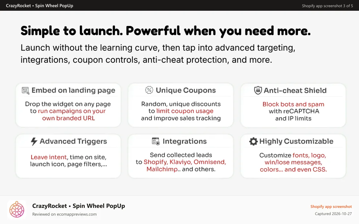 CrazyRocket • Spin Wheel PopUp Shopify app screenshot: embed spin wheel, apply unique coupons in a secure way