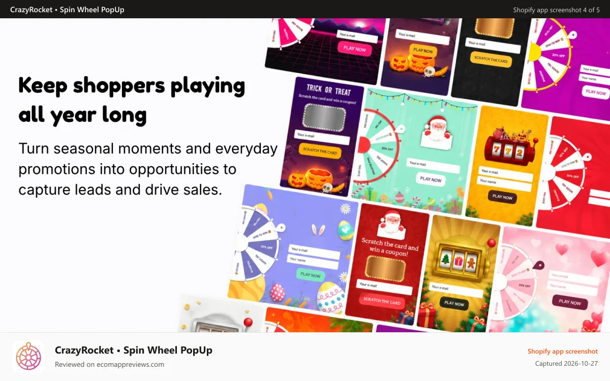 CrazyRocket • Spin Wheel PopUp Shopify app screenshot: halloween, thanksgiving, black friday campaigns to capture leads
