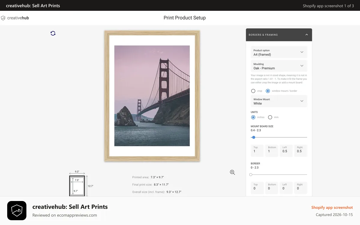 creativehub: Sell Art Prints Shopify app screenshot: Easily set up print only and framed art print products