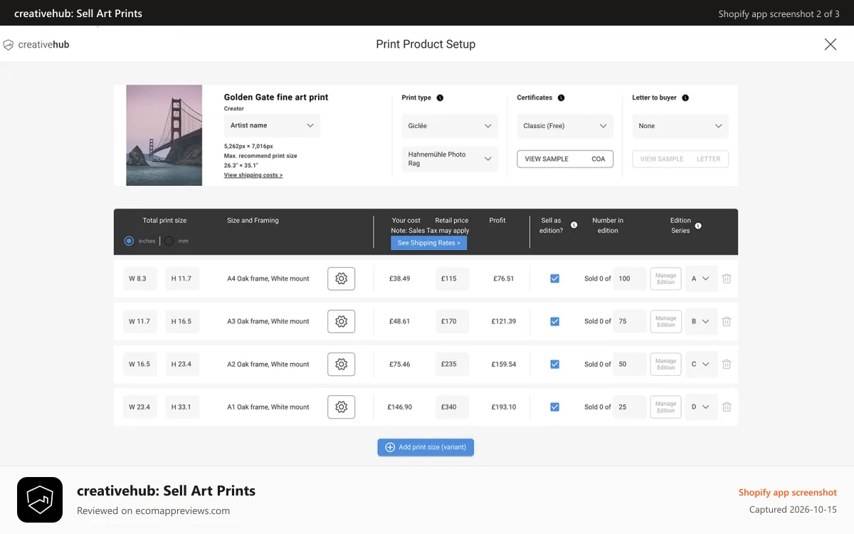creativehub: Sell Art Prints Shopify app screenshot: Track limited editions easily with your inventory