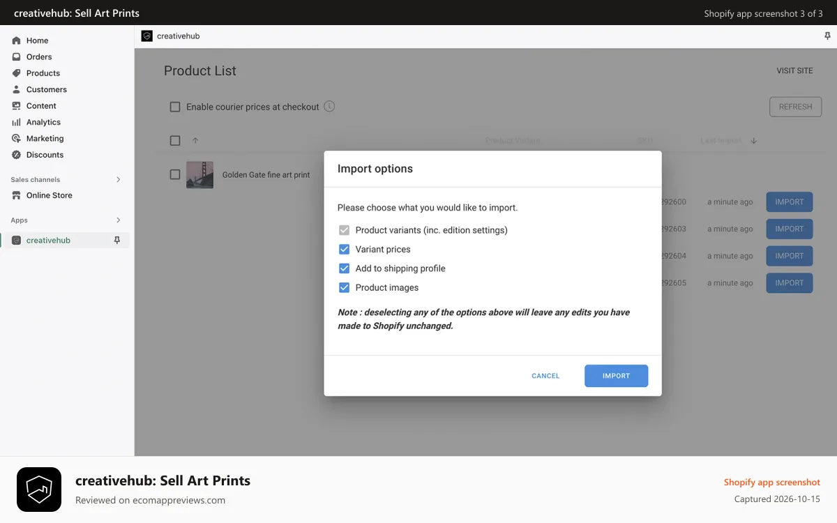 creativehub: Sell Art Prints Shopify app screenshot: Mage products with flexible import options