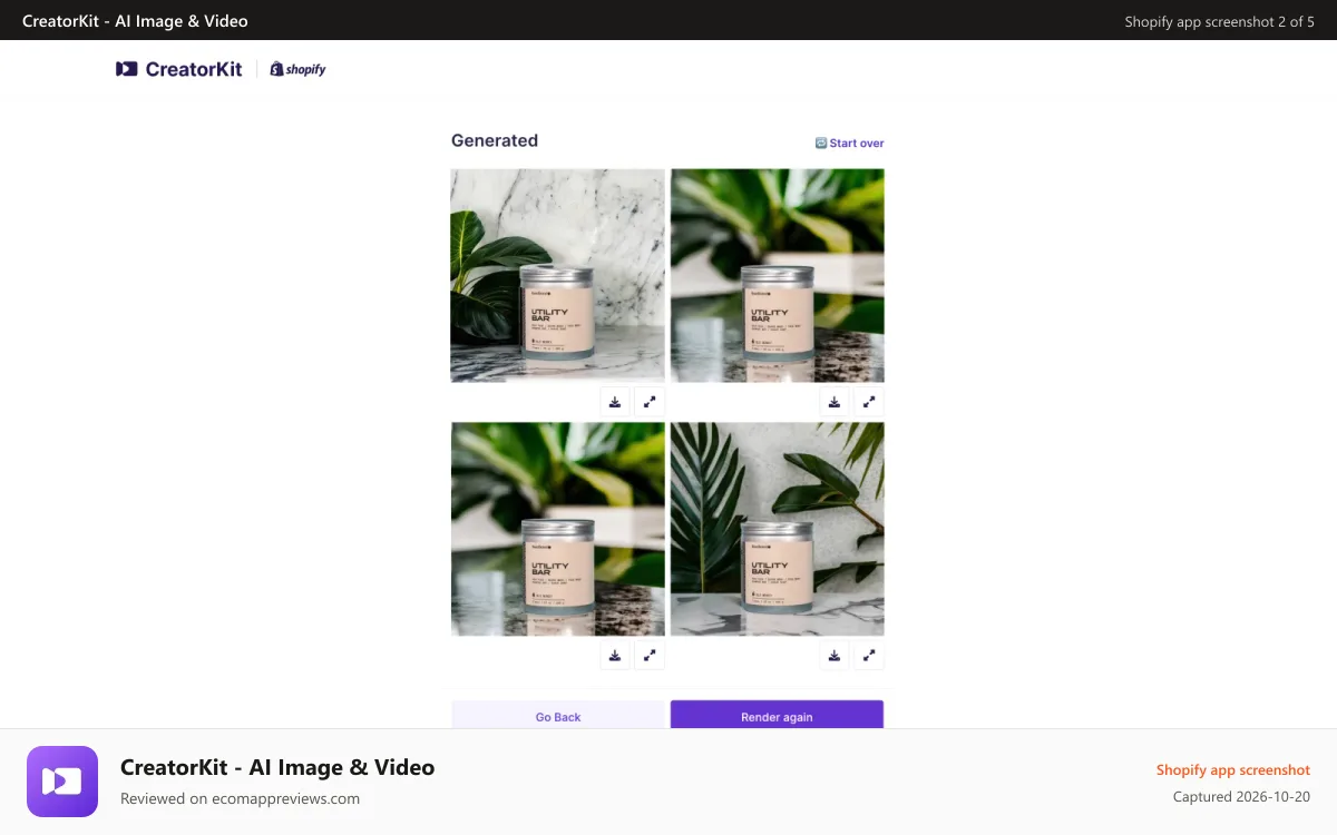 CreatorKit ‑ AI Image & Video Shopify app screenshot: AI generated product images