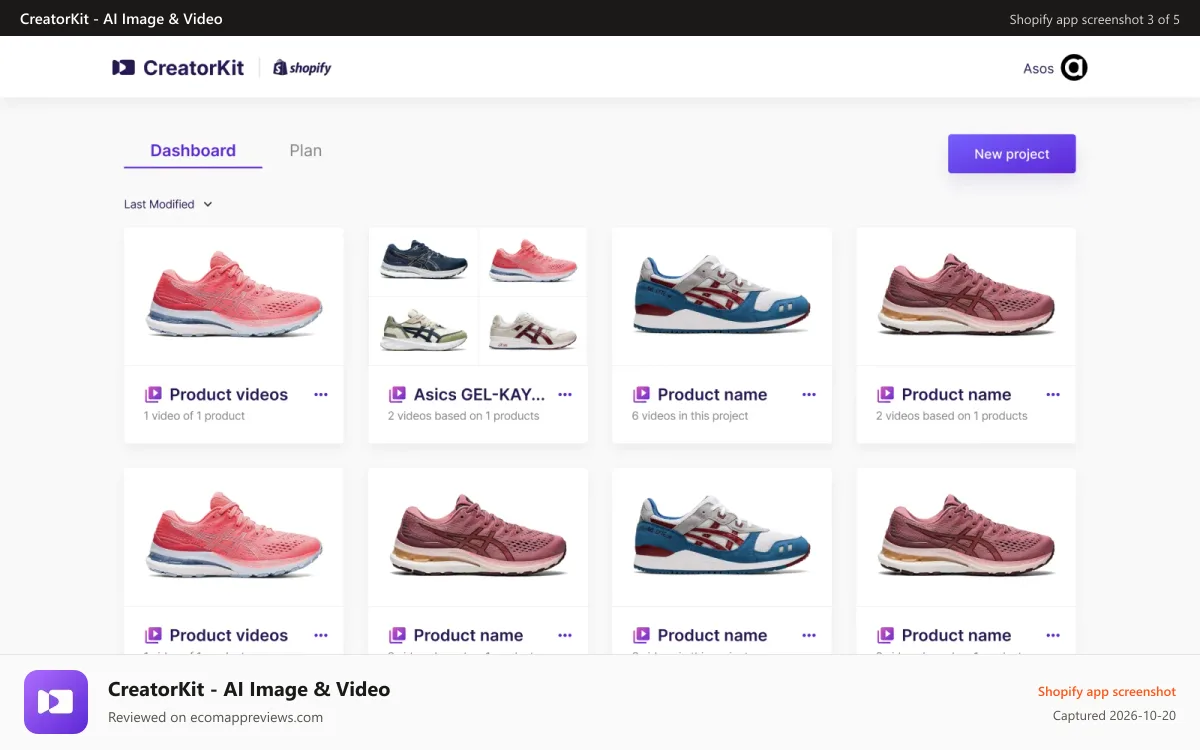 CreatorKit ‑ AI Image & Video Shopify app screenshot: Dashboard CreatorKit video creator