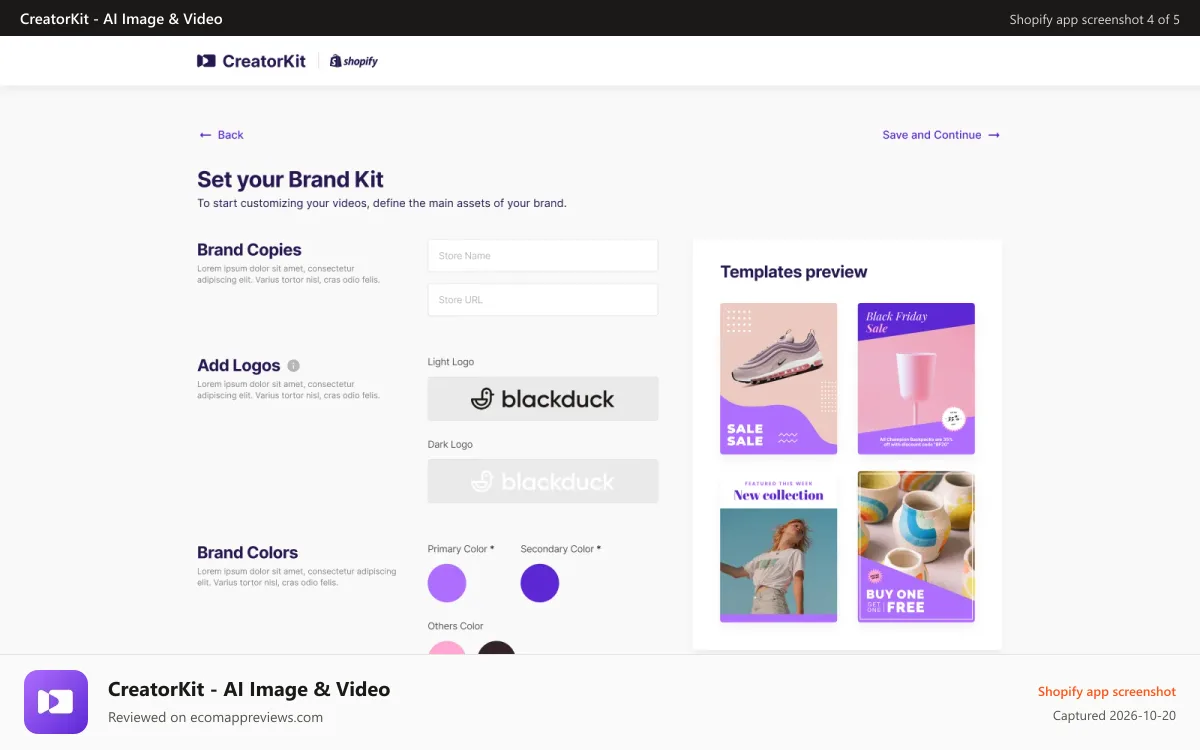 CreatorKit ‑ AI Image & Video Shopify app screenshot: Brand Kit setup