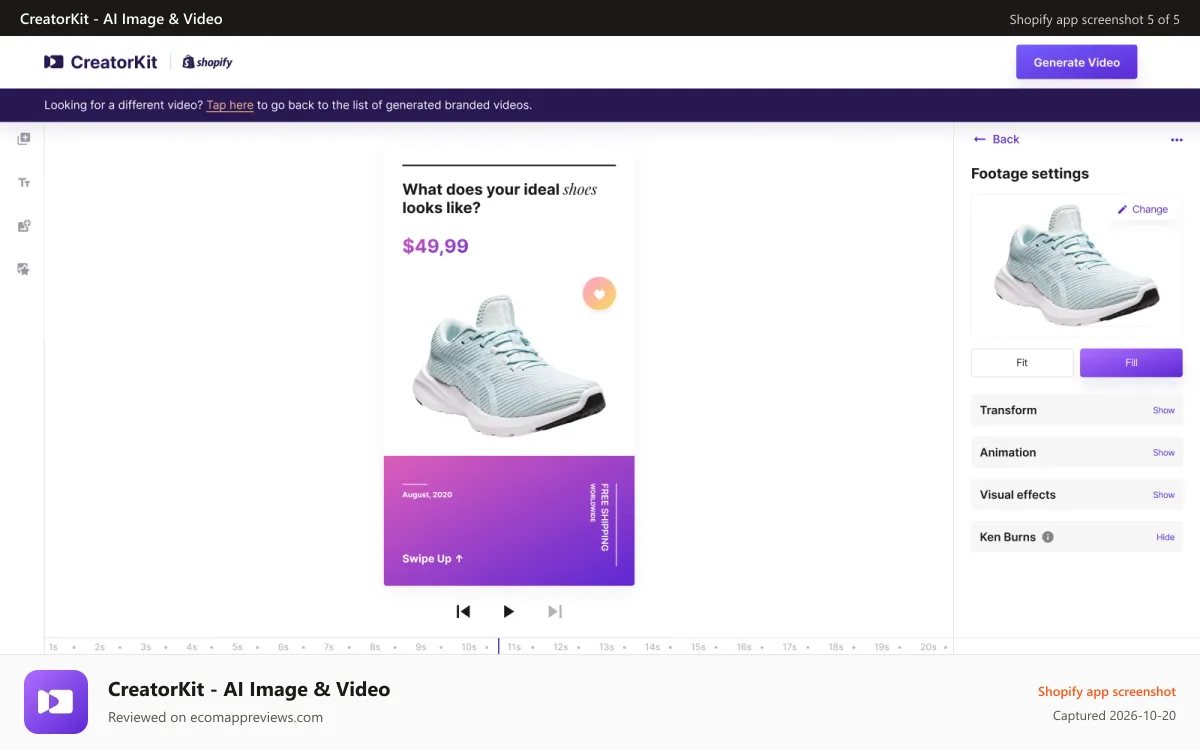 CreatorKit ‑ AI Image & Video Shopify app screenshot: Online video editor integrated to Shopify