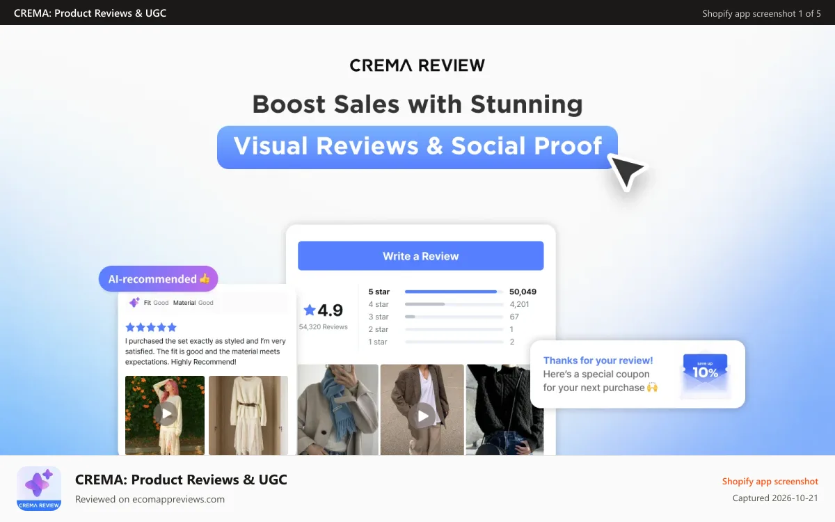 CREMA: Product Reviews & UGC Shopify app screenshot: CREMA REVIEW
