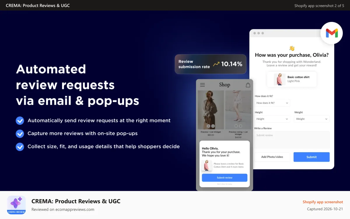 CREMA: Product Reviews & UGC Shopify app screenshot: Automated review requests via email & pop up