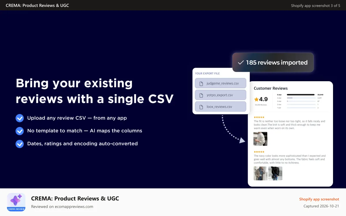 CREMA: Product Reviews & UGC Shopify app screenshot: Review CSV files mapped by AI and imported into the widget