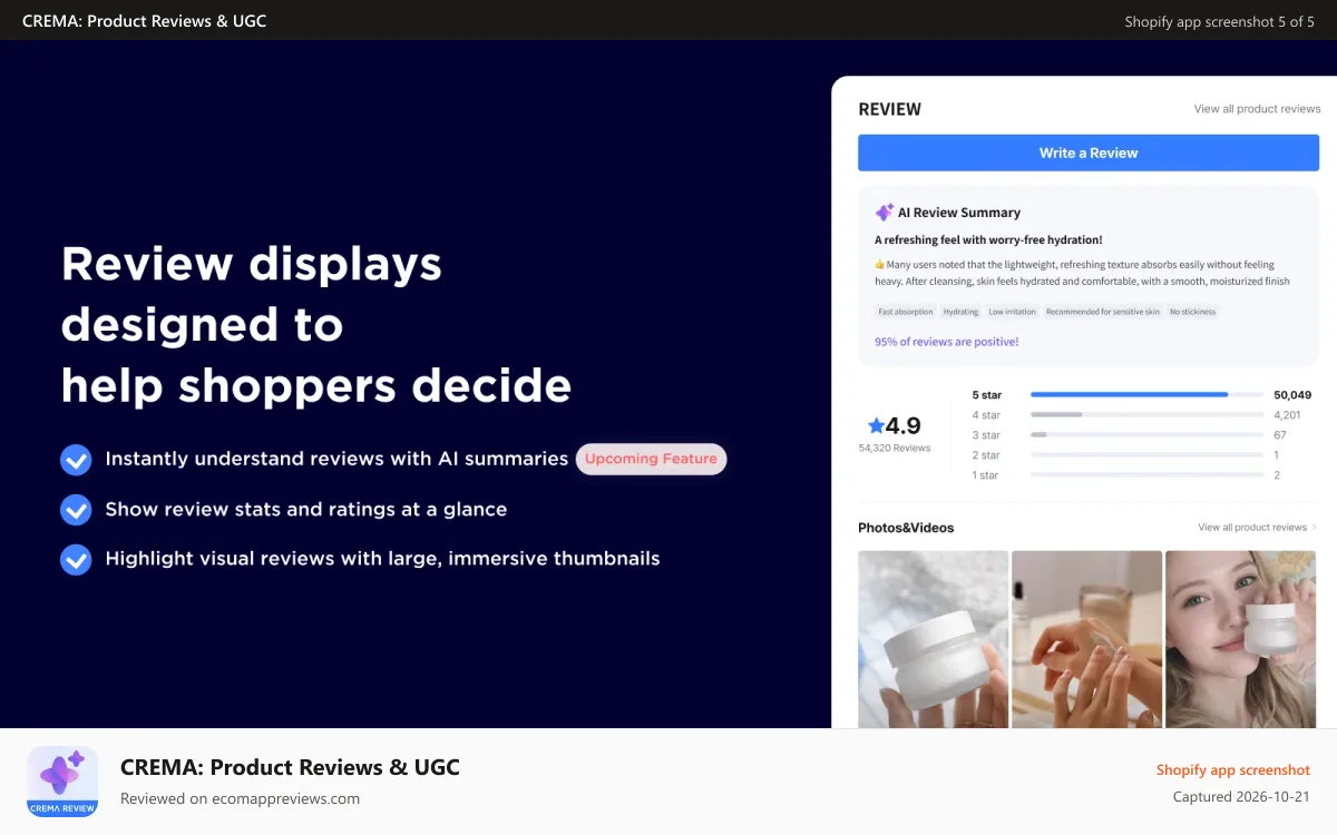 CREMA: Product Reviews & UGC Shopify app screenshot: Review displays designed to help shoppers decide