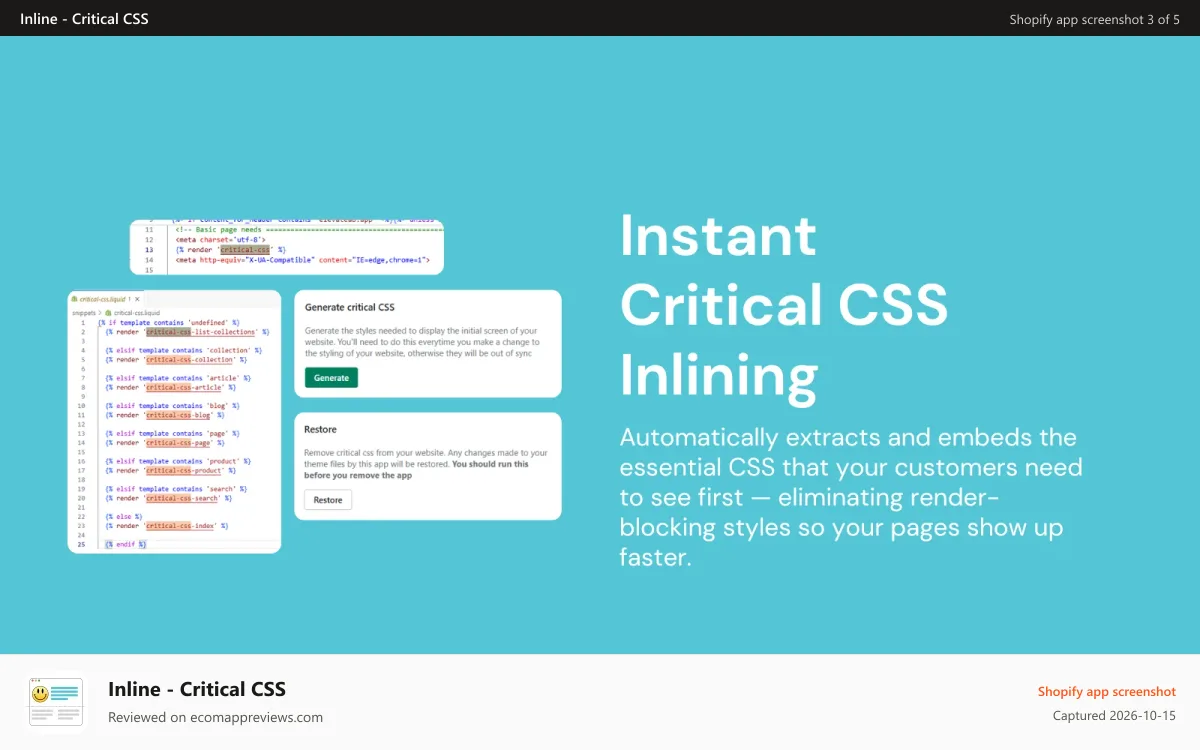 Inline ‑ Critical CSS Shopify app screenshot: UI for generating and restoring critical CSS in Shopify