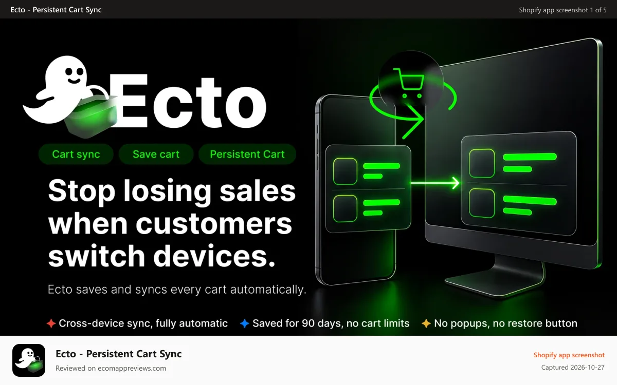 Ecto ‑ Persistent Cart Sync Shopify app screenshot: Sync and save carts across devices and recover lost sales