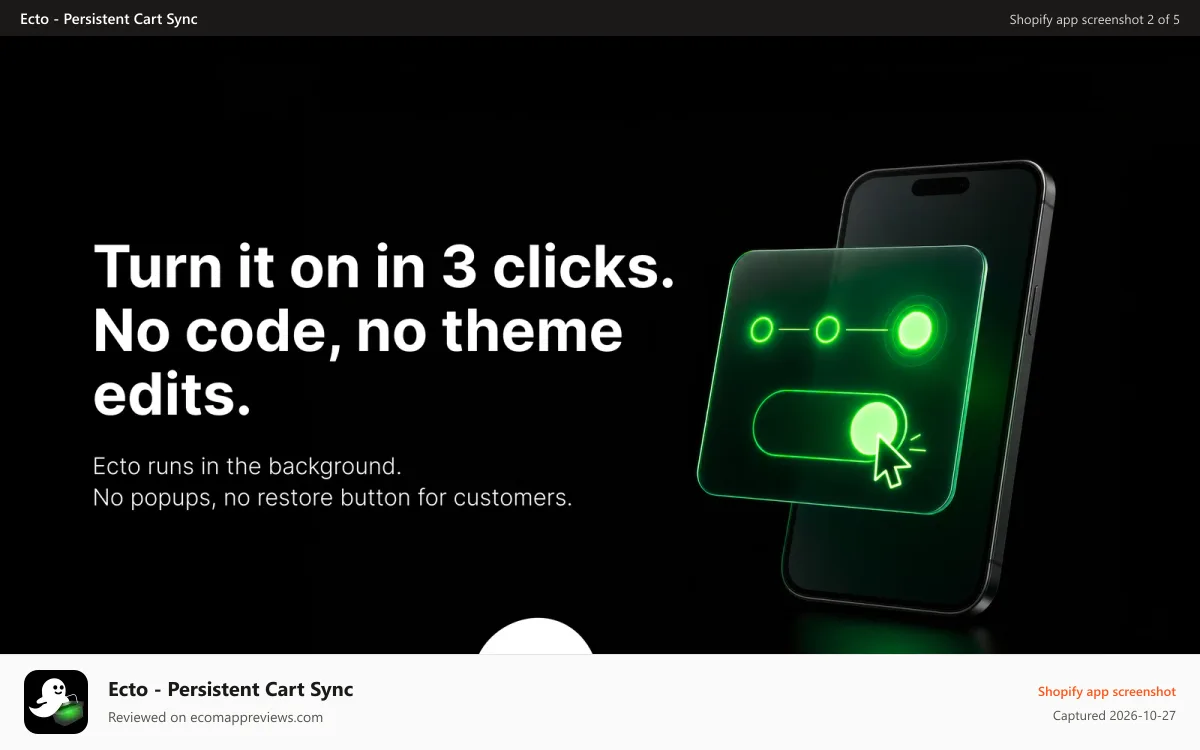 Ecto ‑ Persistent Cart Sync Shopify app screenshot: Save persistent carts for 90 days and recover abandoned carts