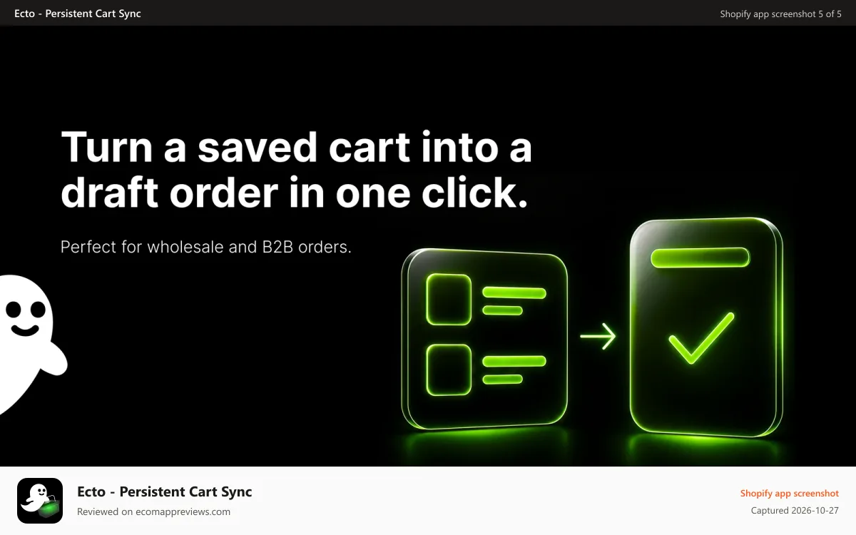 Ecto ‑ Persistent Cart Sync Shopify app screenshot: Perfect for wholesale and B2B merchant. Create draft order
