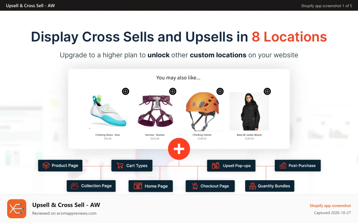 Upsell & Cross Sell ‑ AW Shopify app screenshot: Cross sell and upsell related products in 8 different locations