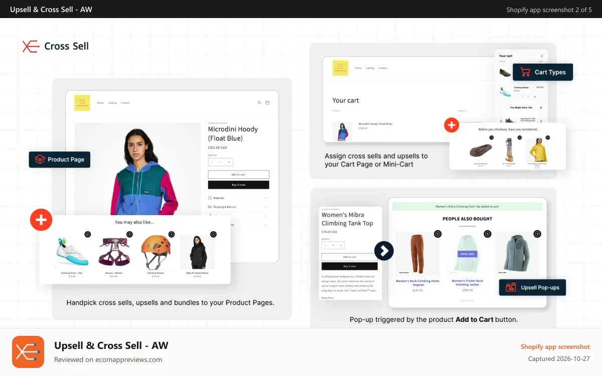 Upsell & Cross Sell ‑ AW Shopify app screenshot: Cross sells in Product and Cart Pages. Upsell pop-ups available!