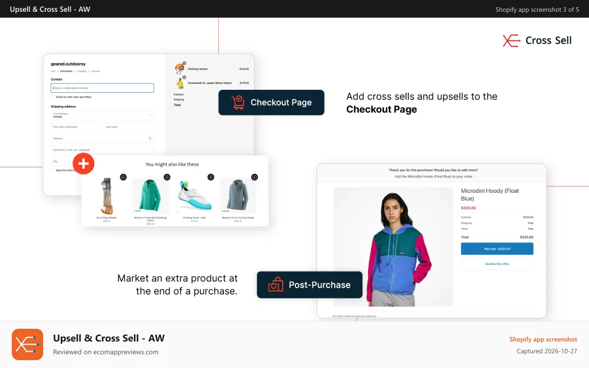 Upsell & Cross Sell ‑ AW Shopify app screenshot: Upsell in Checkout Pages and Post-purchase Pages