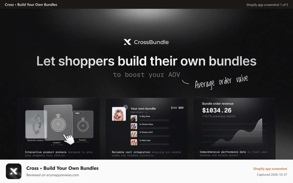Cross • Build Your Own Bundles Shopify app screenshot: Crossbundle Cover showing core features of the app