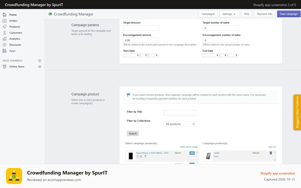 Crowdfunding Manager by SpurIT Shopify app screenshot: crowdfunding shopify
