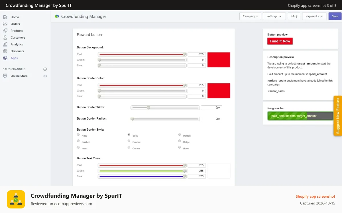 Crowdfunding Manager by SpurIT Shopify app screenshot: shopify crowdfunding app