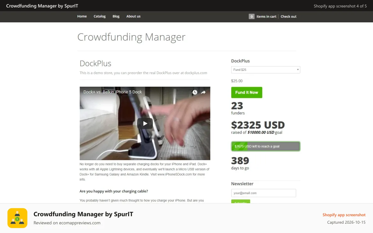 Crowdfunding Manager by SpurIT Shopify app screenshot: shopify crowdfunding