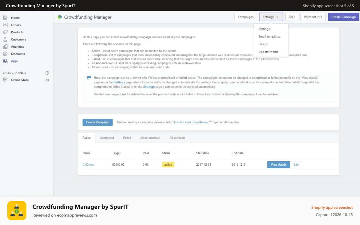 Crowdfunding Manager by SpurIT Shopify app screenshot: charity app shopify
