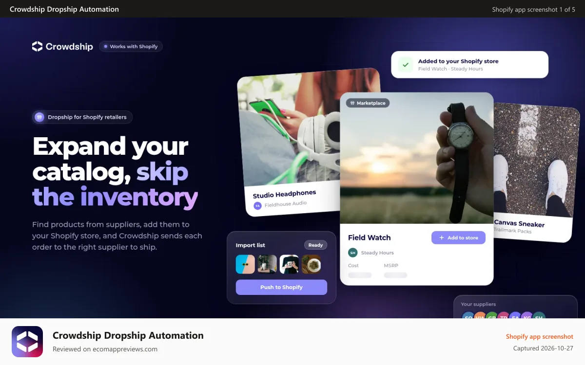 Crowdship Dropship Automation Shopify app screenshot: Find products on Crowdship Marketplace and start selling today!