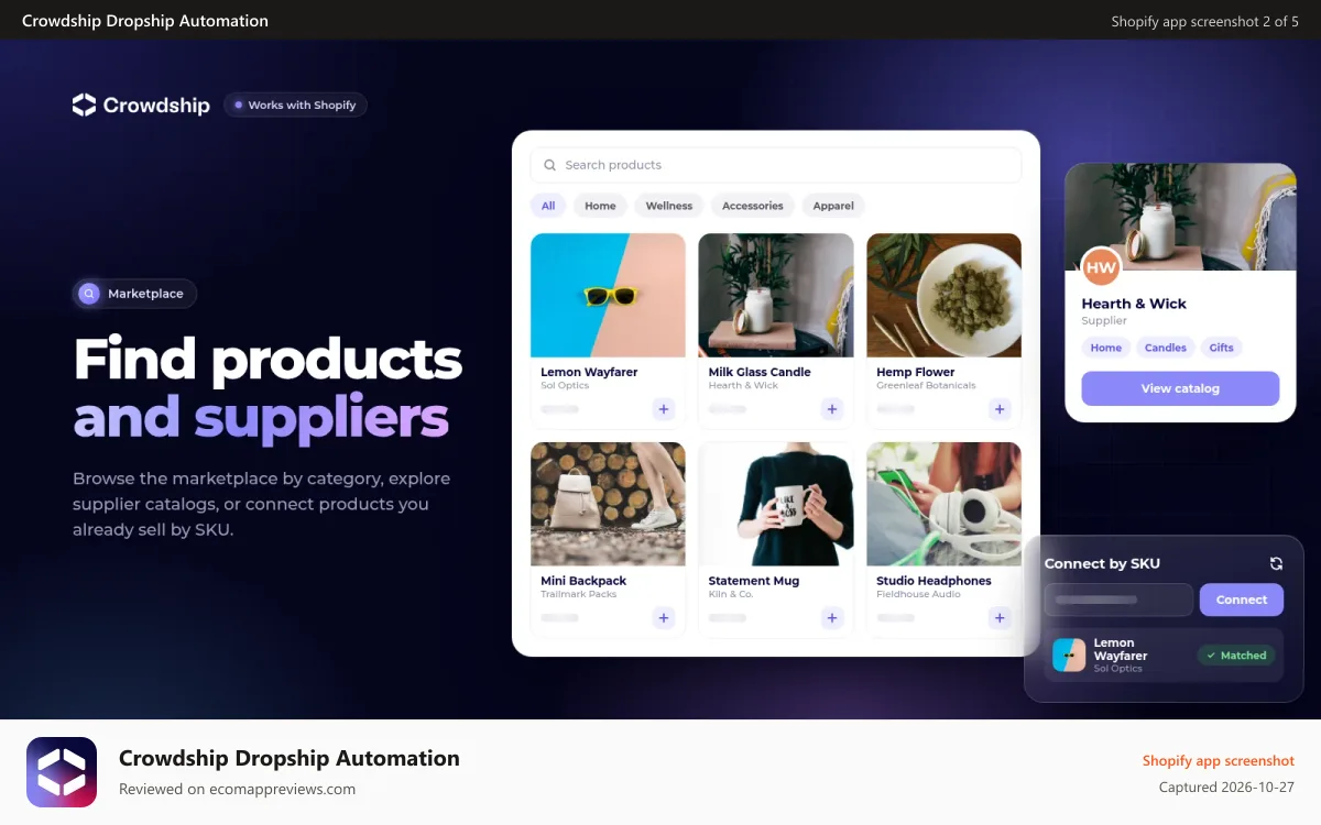 Crowdship Dropship Automation Shopify app screenshot: Search by industry, supplier, brand, or product type.