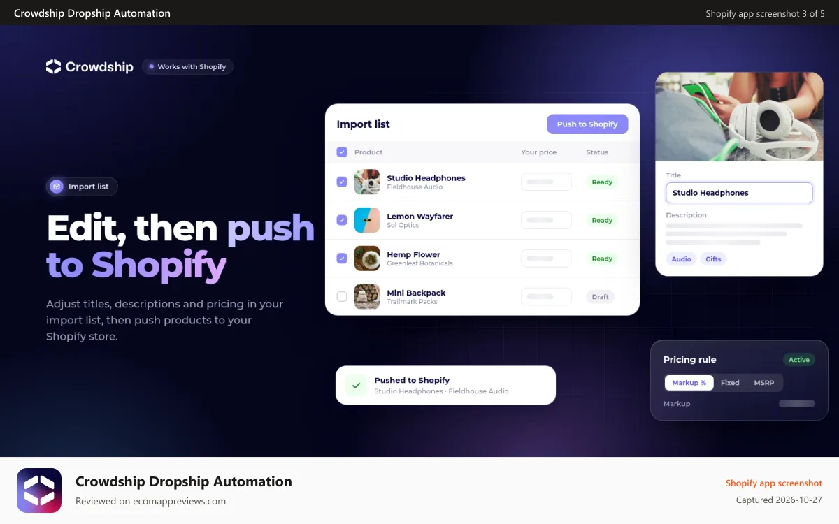 Crowdship Dropship Automation Shopify app screenshot: Automate every step of the dropship lifecycle with all suppliers