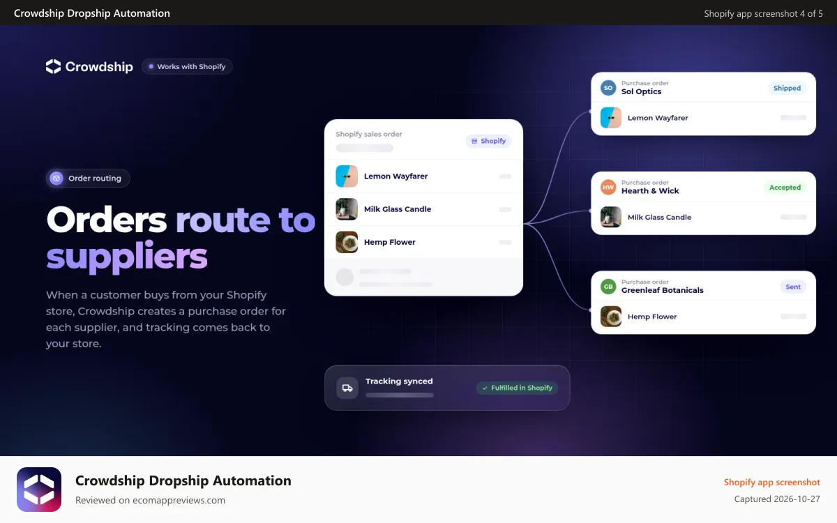 Crowdship Dropship Automation Shopify app screenshot: Automatically sync inventory by SKU & route orders automatically