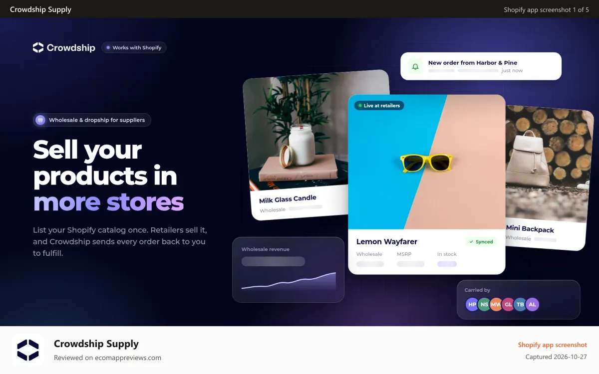 Crowdship Supply Shopify app screenshot: Crowdship for Brands, Distributors, and Suppliers.
