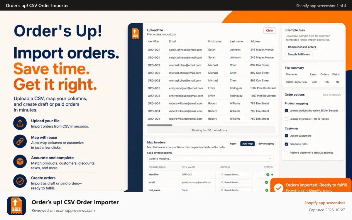 Order's up! CSV Order Importer Shopify app screenshot: Order's Up - CSV Uploader