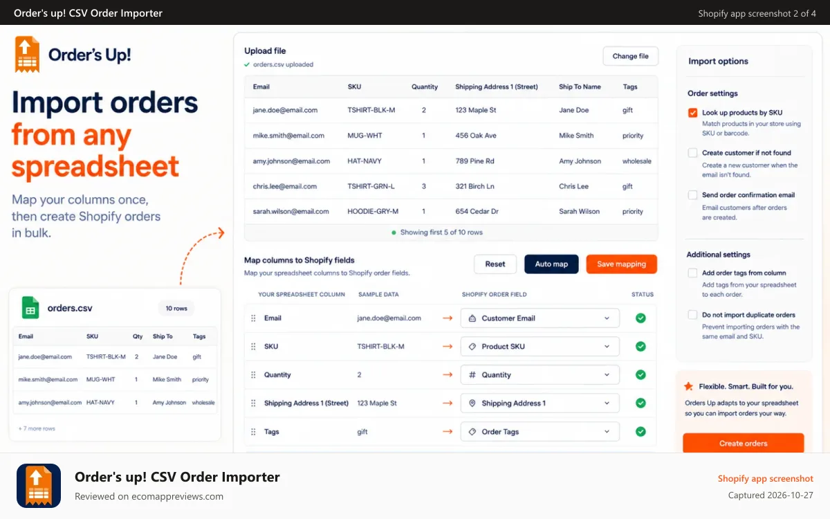 Order's up! CSV Order Importer Shopify app screenshot: Fill out bulk order template. Customize order fields