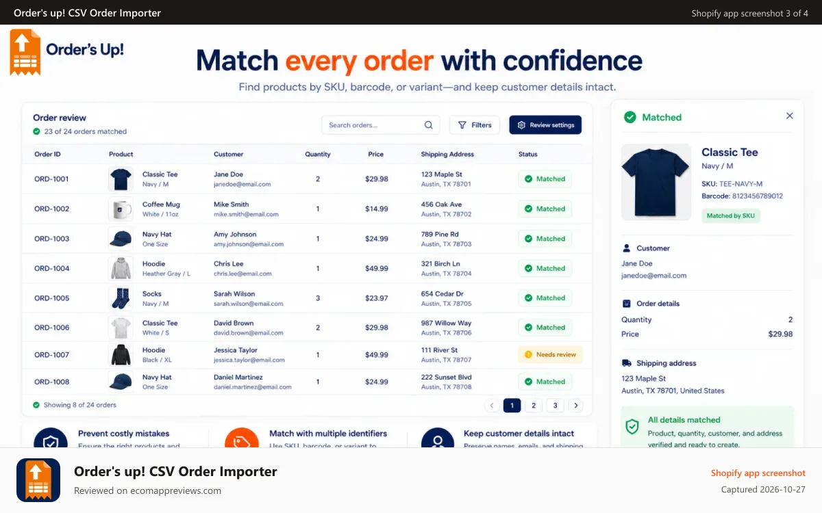 Order's up! CSV Order Importer Shopify app screenshot: Review order information and number of orders