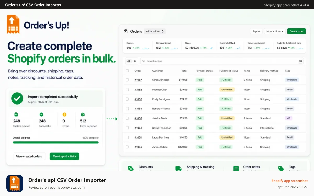 Order's up! CSV Order Importer Shopify app screenshot: Orders are created as draft orders or orders; paid or unpaid