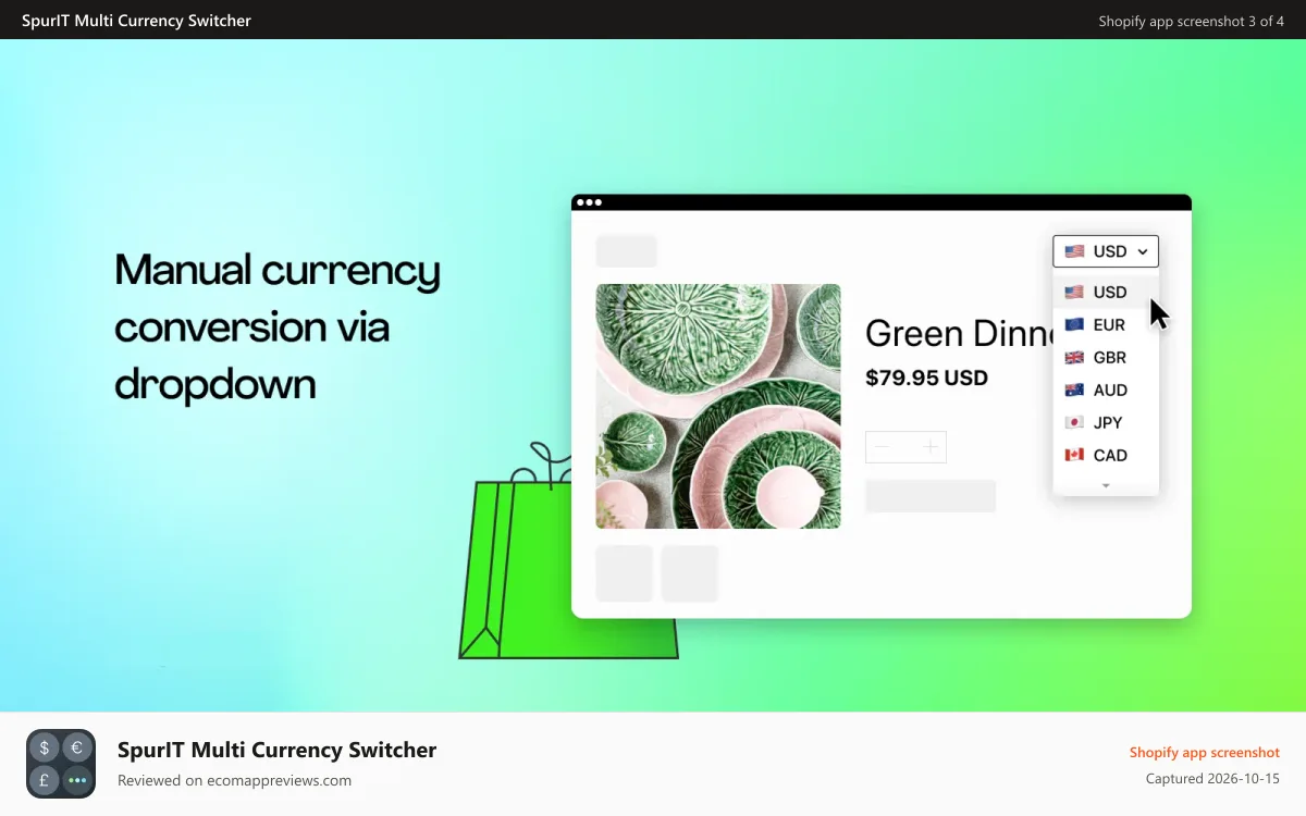 SpurIT Multi Currency Switcher Shopify app screenshot: Manual currency conversion via dropdown