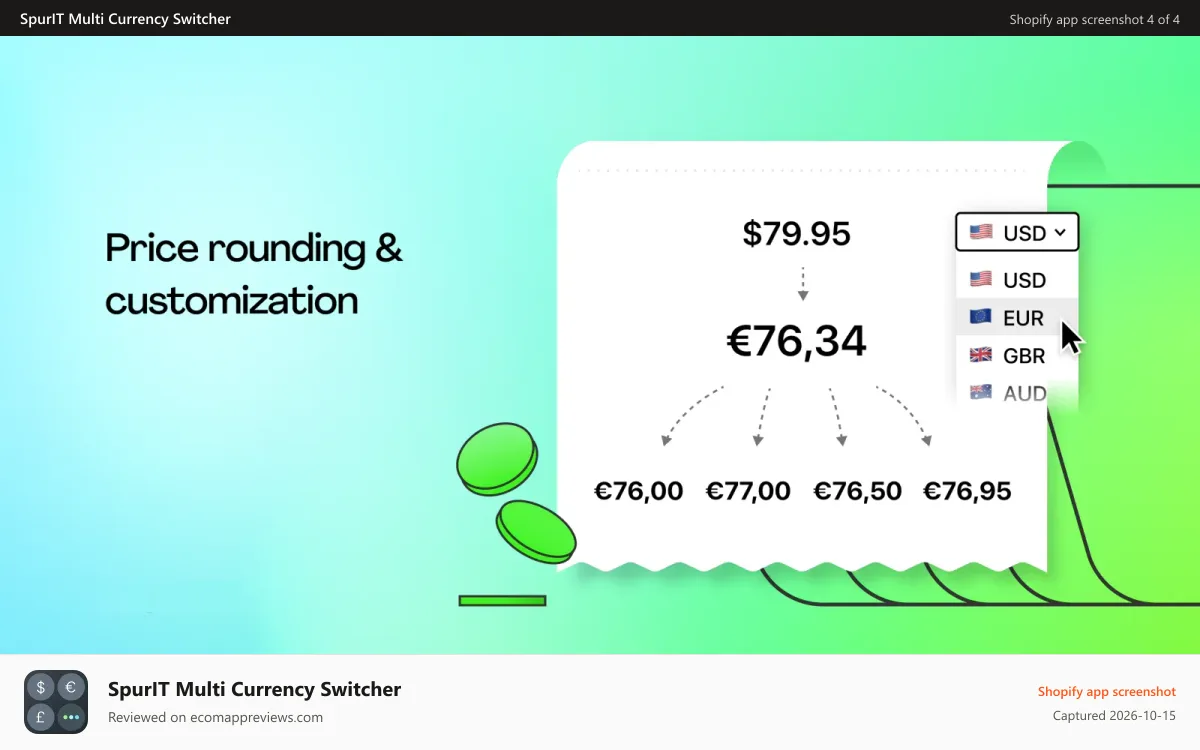 SpurIT Multi Currency Switcher Shopify app screenshot: Price rounding & customization
