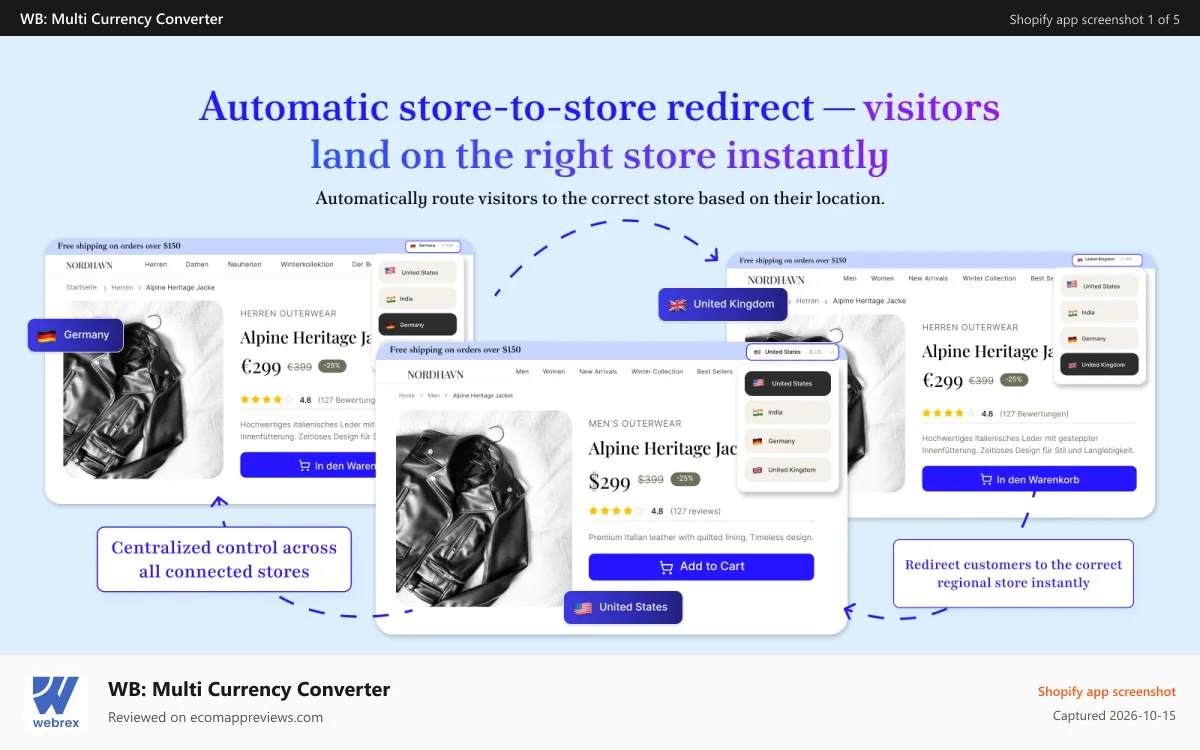 WB: Multi Currency Converter Shopify app screenshot: Automatic store-to-store redirect