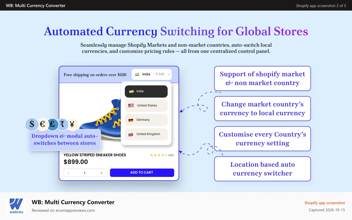 WB: Multi Currency Converter Shopify app screenshot: Automated Currency Switching for Global Stores