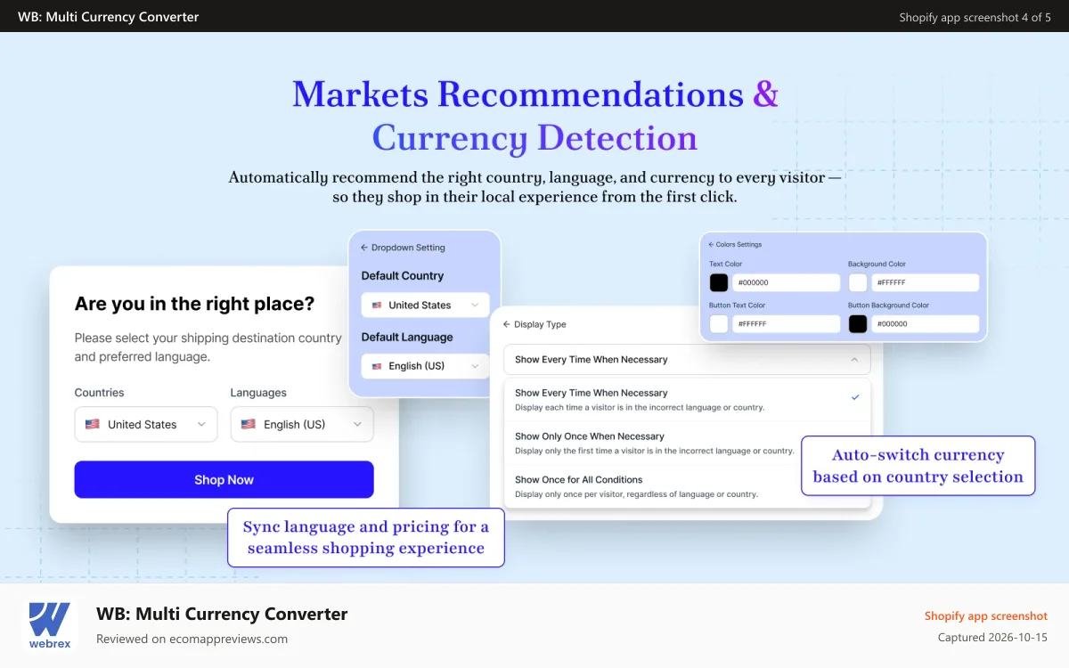 WB: Multi Currency Converter Shopify app screenshot: Start connecting your stores today