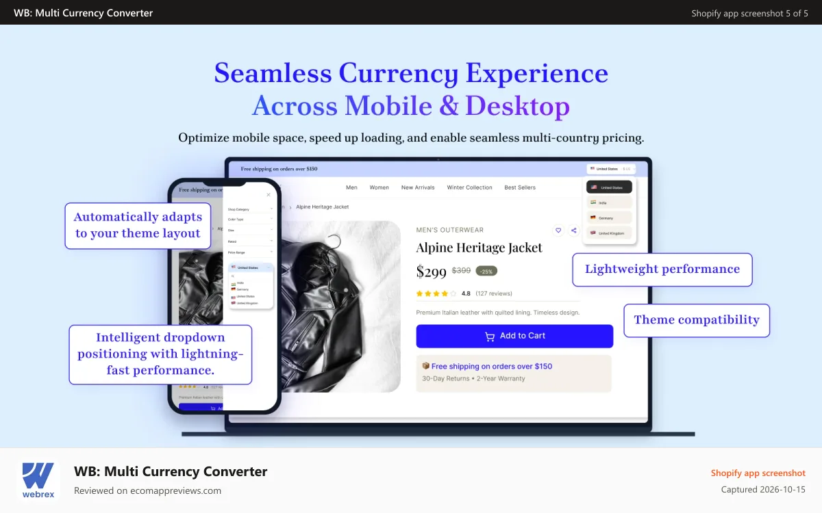 WB: Multi Currency Converter Shopify app screenshot: Experience Across Mobile & Desktop