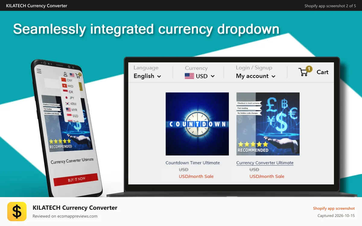 KILATECH Currency Converter Shopify app screenshot: Integrated currency selector designs in currency converter