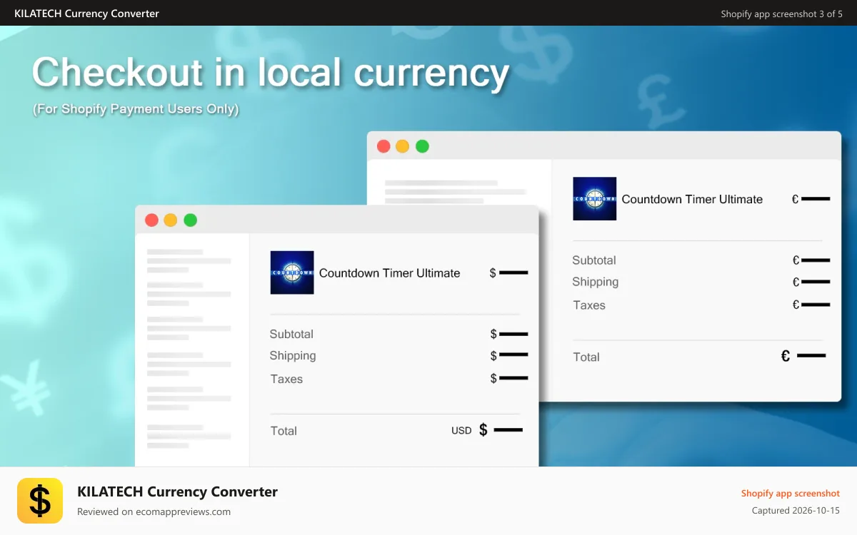 KILATECH Currency Converter Shopify app screenshot: Multi-currency checkout/Shopify Market for Shopify payment users