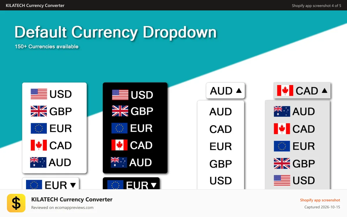 KILATECH Currency Converter Shopify app screenshot: Default currency selector component