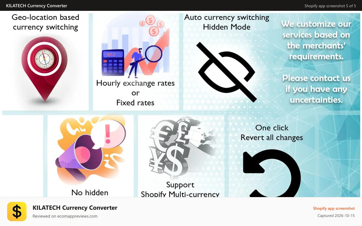 KILATECH Currency Converter Shopify app screenshot: KILATECH Currency Converter Key features